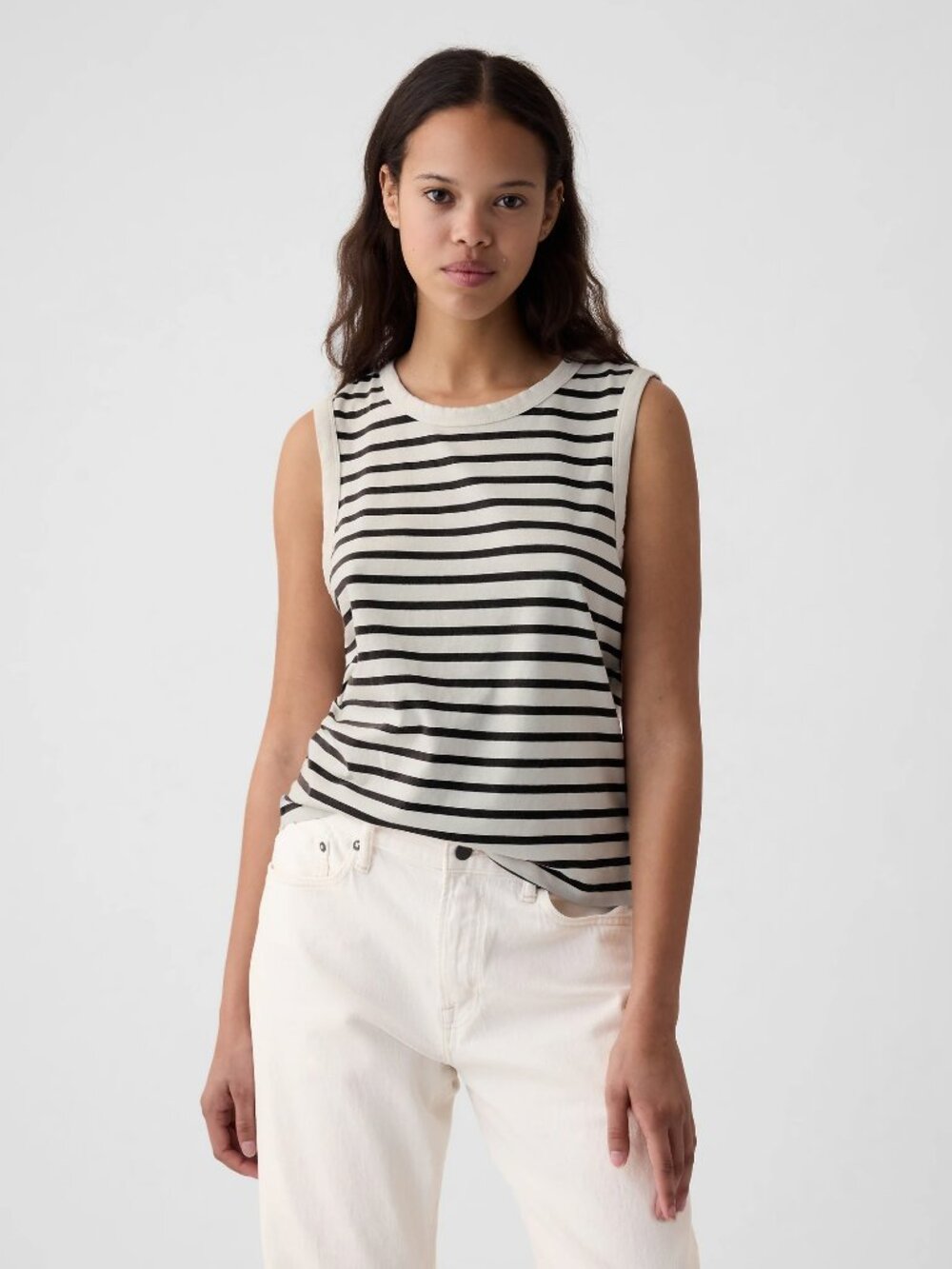 2/$30 GAP Modern Shell Tank Top Black White Stripe Small #A3478